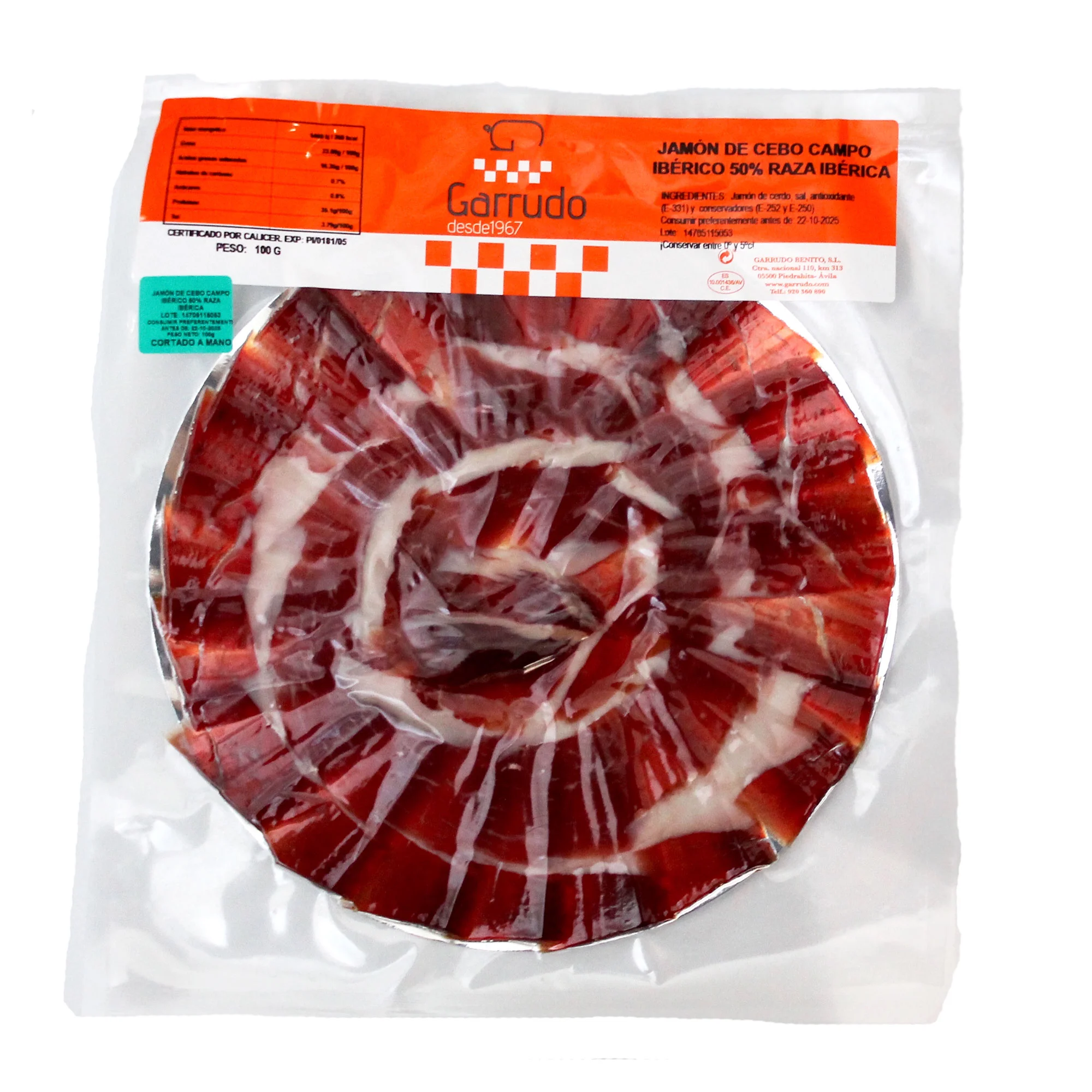 SOBRE DE 100G - JAMON CEBO CAMPO IBÉRICO 50% RAZA IBERICA CORTE A CUCHILLO